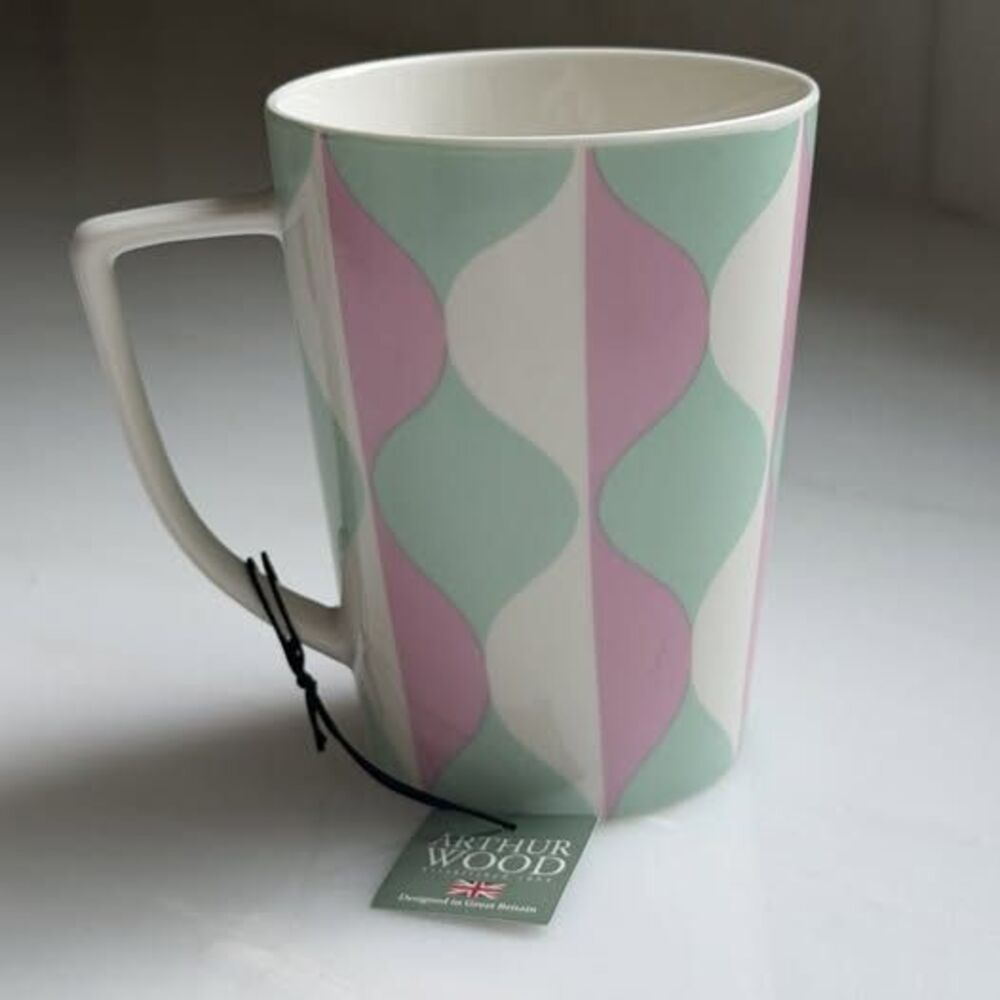RARE New Arthur Wood Fine China Pink Green Abstract Coffee Mug 4.75" Tall